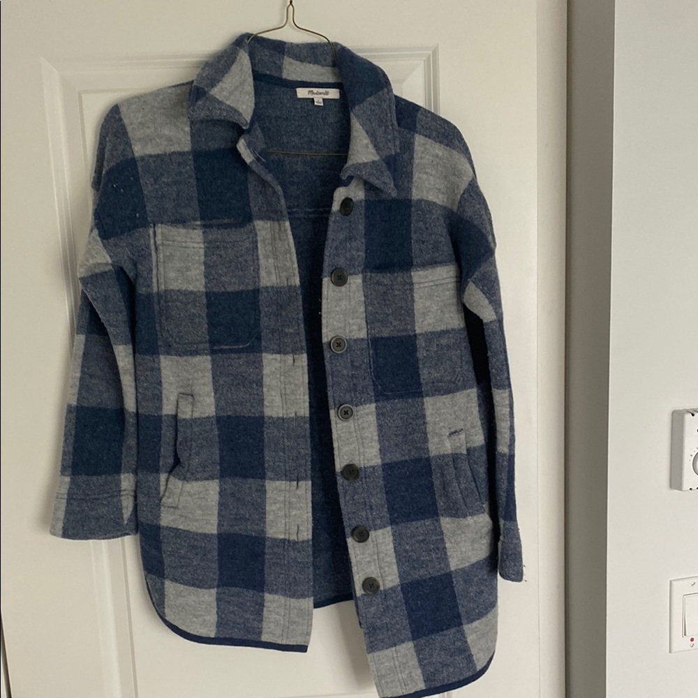 Madewell Blue and Gray Plaid Teddy Jacket